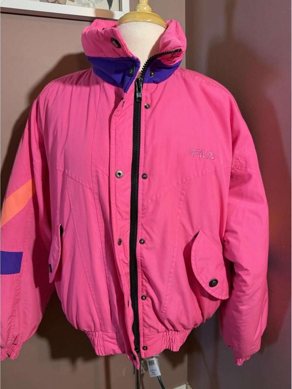 Vintage 80s Fila Magic Line Ski Jacket Womens XL Hot Pink Color Block Neon - Picture 3 of 11